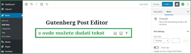 wordpress-za-pocetnike-cesto-postavljana-pitanja-kreiranje-posta-gutenberg-editor-1 wordpress-za-pocetnike-cesto-postavljana-pitanja-dodavanje-teksta-gutenberg-editor